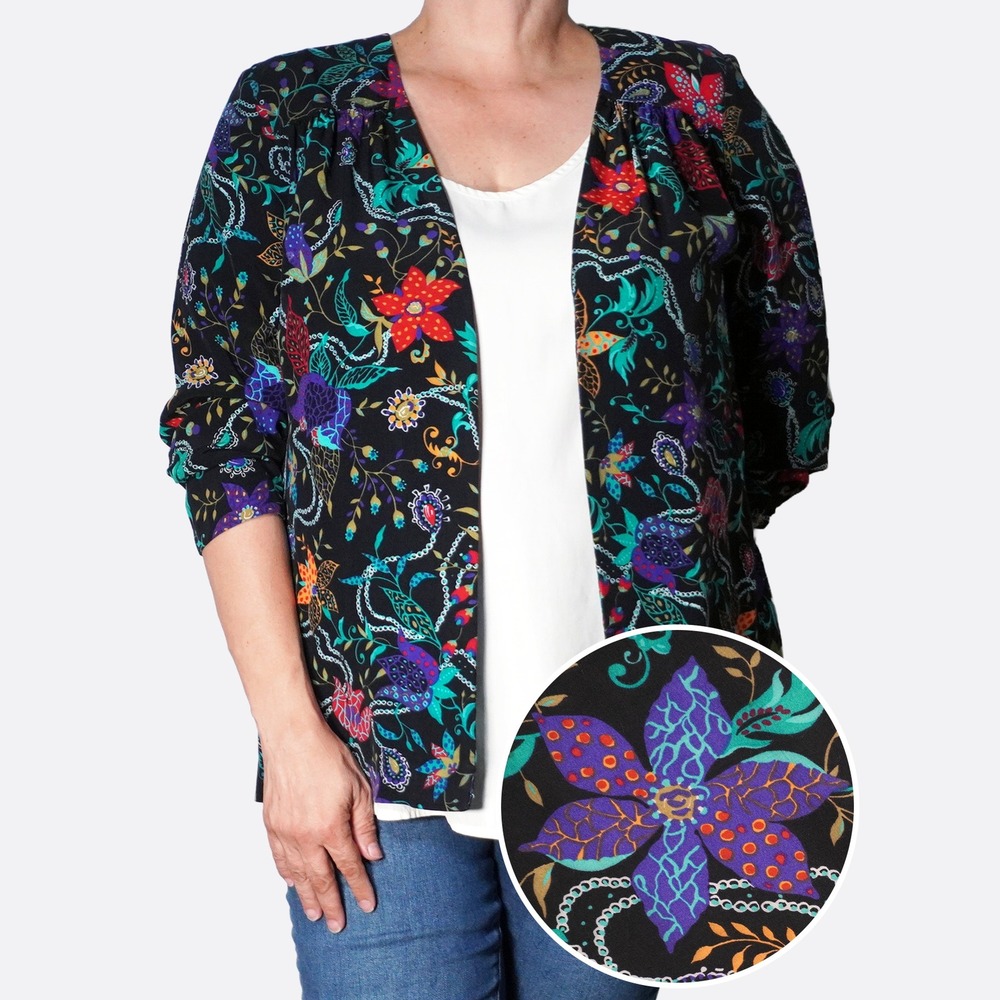Vintage 100% Rayon Floral Jewel Tone 1X 2X Black Open Front Cardigan Made in USA